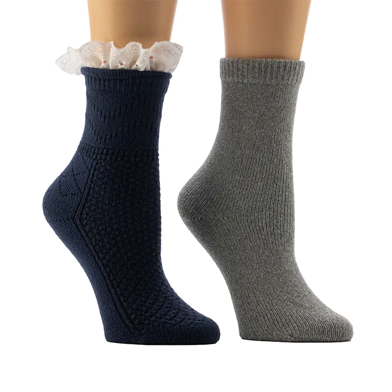 Damen-Socken mit Struktur/Flachstrick-Stiefel, Crochel-Spitze, gemütliche Home-Socken